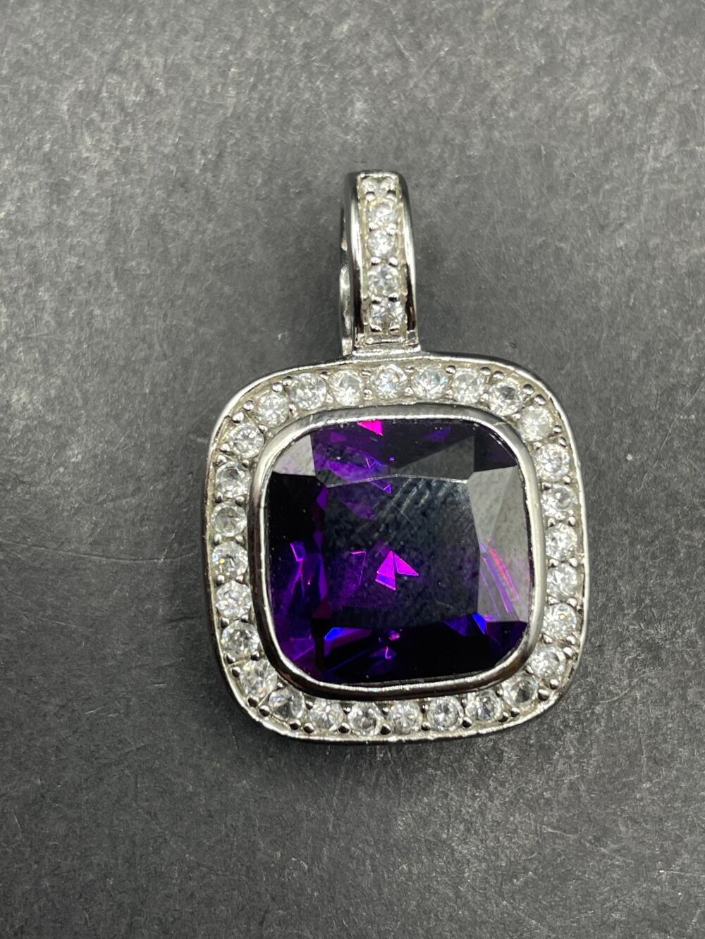 Vtg Sterling Silver 925 Signed Square Purple Stone & CZ Pendant 21.7mm